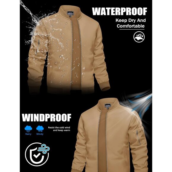 🆕Men Khaki Bomber Jacket Lightweight Casual Spring Fall Windbreaker Zip Up Coat - Picture 2 of 6